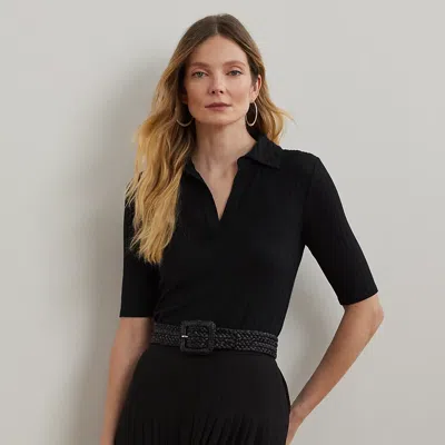 Lauren Petite Rib-knit Elbow-sleeve Polo Tee In Black