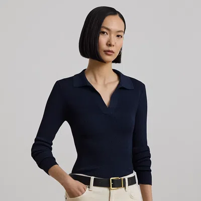 Lauren Petite Rib-knit Polo Sweater In Lauren Navy