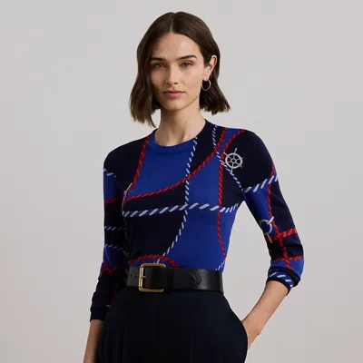 Lauren Petite Rope-print Cotton-blend Sweater In Blue Multi