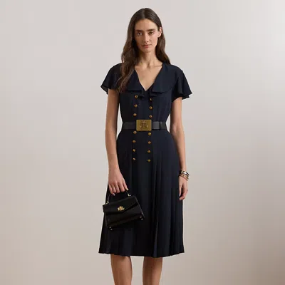 Lauren Petite Ruffle-trim Pleated Georgette Dress In Lauren Navy