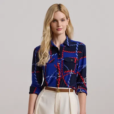 Lauren Petite Slim Fit Rope-print Jersey Shirt In Blue Multi
