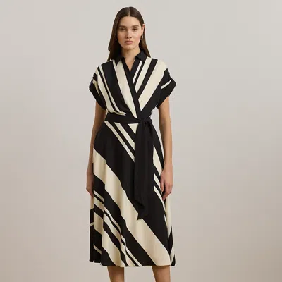 Lauren Petite Striped Belted Crepe Dress In Cream/black