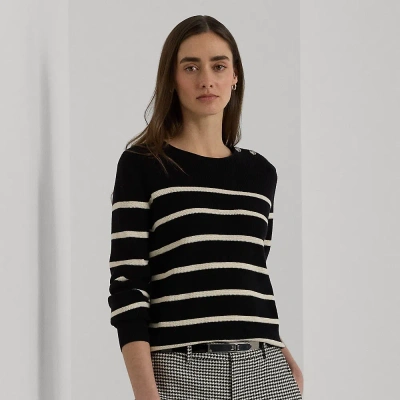Lauren Petite Striped Combed Cotton Crewneck Sweater In Black/mascarpone Cream
