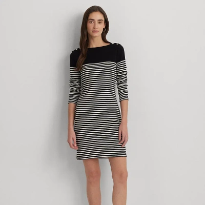 Lauren Petite Striped Cotton Boatneck Dress In Black/mascarpone Cream