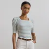 Lauren Petite Striped Cotton Jersey Puff-sleeve Tee In Aqua Pearl/cream