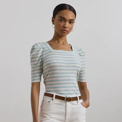 Lauren Petite Striped Cotton Jersey Puff-sleeve Tee In Aqua Pearl/cream