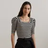 Lauren Petite Striped Cotton Jersey Puff-sleeve Tee In Black/mascarpone Cream