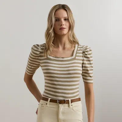 Lauren Petite Striped Cotton Jersey Puff-sleeve Tee In Madison Tan/cream