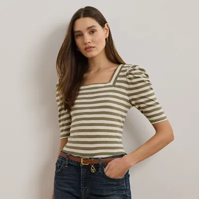 Lauren Petite Striped Cotton Jersey Puff-sleeve Tee In Sage Green/cream