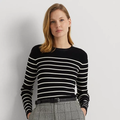 Lauren Petite Striped Crewneck Sweater In Black/mascarpone Cream