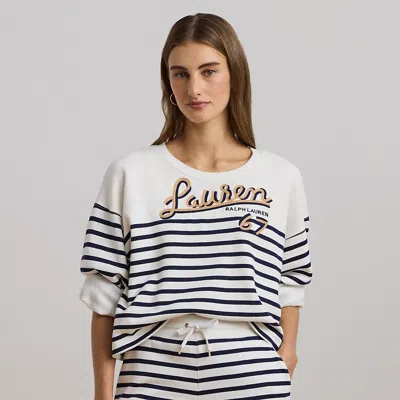 Lauren Petite Striped French Terry Cropped Sweatshirt In White/refined Navy