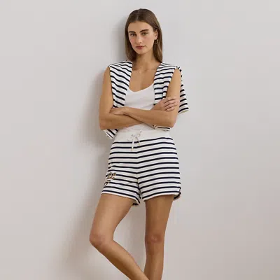 Lauren Petite Striped French Terry Drawcord Short In White/refined Navy
