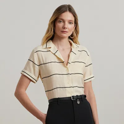 Lauren Petite Striped Short-sleeve Camp Shirt In Tan Multi