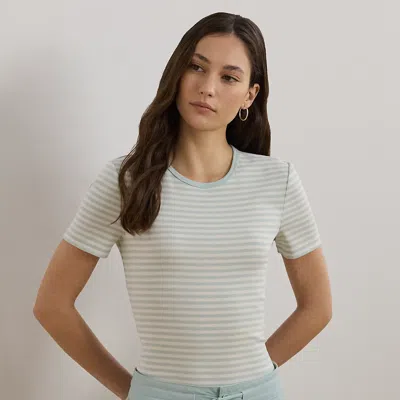 Lauren Petite Striped Stretch Cotton Crewneck Tee In Aqua Pearl/cream