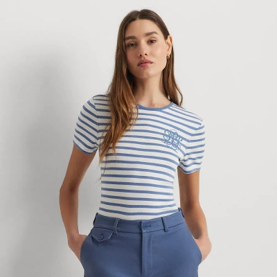 Lauren Petite Striped Stretch Cotton Crewneck Tee In White/pale Azure