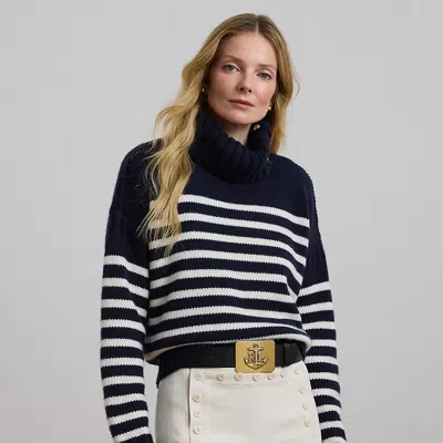 Lauren Petite Striped Wool-blend Turtleneck Sweater In Lauren Navy/cream