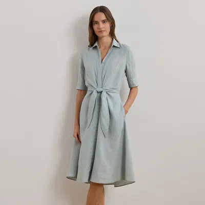 Lauren Petite Tie-front Linen Shirtdress In Aqua Pearl