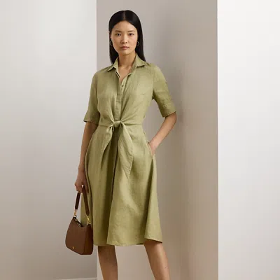 Lauren Petite Tie-front Linen Shirtdress In Light Olive