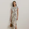 Lauren Petite Tie-front Print Boatneck Midi Dress In Cream Multi
