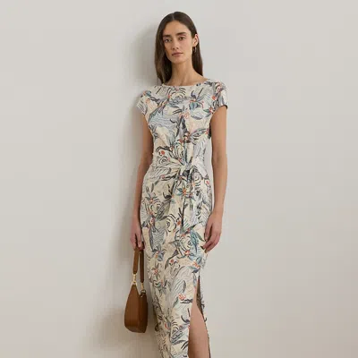Lauren Petite Tie-front Print Boatneck Midi Dress In Cream Multi