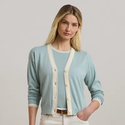 Lauren Petite Two-tone Cotton-blend Cardigan In Aqua Pearl/cream