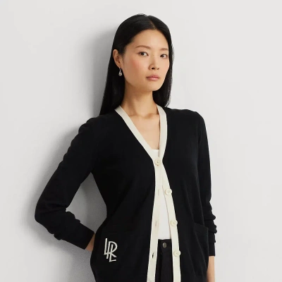 Lauren Petite Two-tone Cotton-blend Cardigan In Black/mascarpone Cream