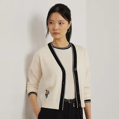 Lauren Petite Two-tone Cotton-blend Cardigan In Mascarpone Cream/black