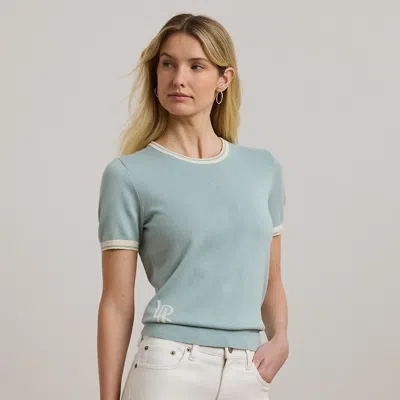 Lauren Petite Two-tone Short-sleeve Sweater In Aqua Pearl/cream