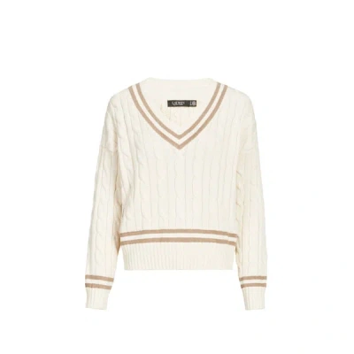 Laurèn Pull Col V En Maille Torsadée De Coton In Neutral