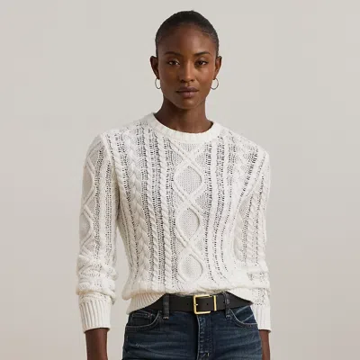 Ralph Lauren Aran-knit Cotton-blend Crewneck Sweater In White