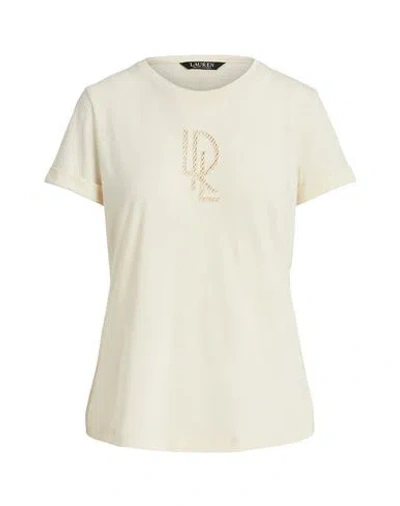 Lauren Ralph Lauren Beaded-logo Cotton-blend-jersey Tee Woman T-shirt Beige Size L Cotton, Modal