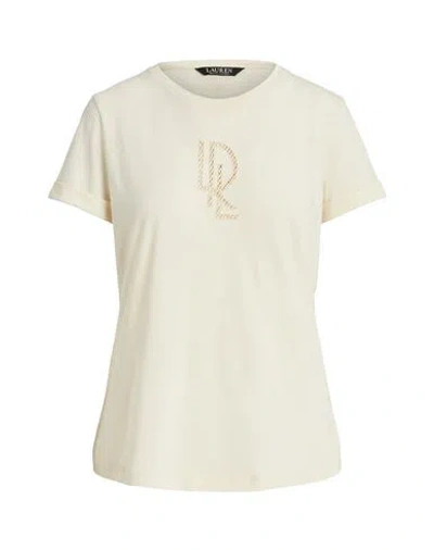 Ralph Lauren Lauren  Beaded-logo Cotton-blend-jersey Tee Woman T-shirt Beige Size L Cotton, Modal