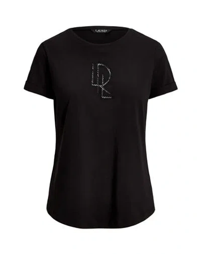 Lauren Ralph Lauren Beaded-logo Cotton-blend-jersey Tee Woman T-shirt Black Size L Cotton, Modal