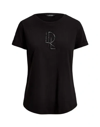 Ralph Lauren Lauren  Beaded-logo Cotton-blend-jersey Tee Woman T-shirt Black Size M Cotton, Modal
