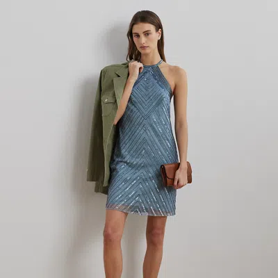 Ralph Lauren Beaded Mesh Halter Cocktail Dress In Light Blue Multi