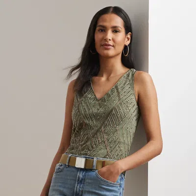 Ralph Lauren Beaded Mesh Sleeveless Blouse In Olive Multi