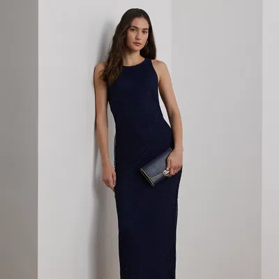 Ralph Lauren Beaded Mesh Sleeveless Gown In Refined Navy