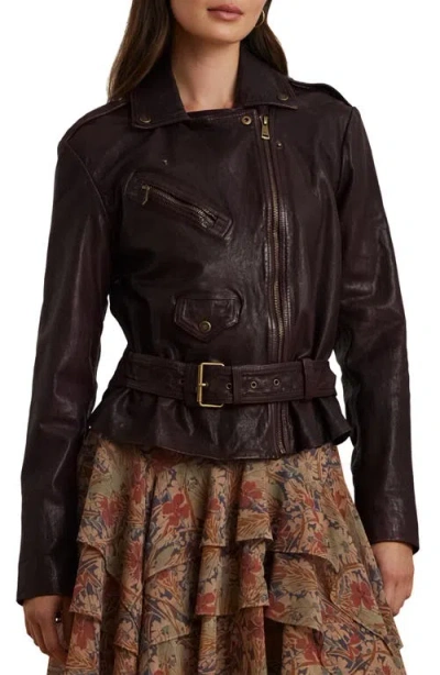 Lauren Ralph Lauren Belted Burnished Leather Jacket In Pinot Noir