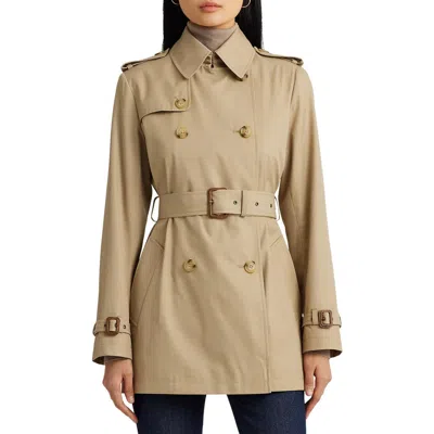 Ralph Lauren Lauren  Belted Double Breasted Trench Coat With Faux Leather Trim In Birch Tan