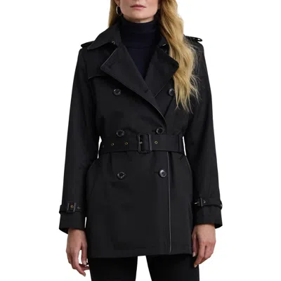 Ralph Lauren Lauren  Belted Double Breasted Trench Coat With Faux Leather Trim In Black