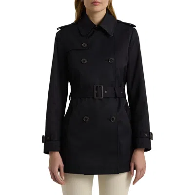 Ralph Lauren Lauren  Belted Double Breasted Trench Coat With Faux Leather Trim In Dark Navy
