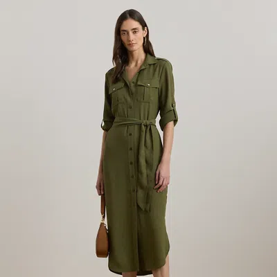 Ralph Lauren Belted Double-faced Georgette Shirtdress In Olive Grove