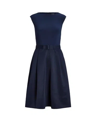 Ralph Lauren Lauren  Belted Faille & Jersey Cocktail Dress Woman Midi Dress Navy Size 4 Polyester In Navy Blue