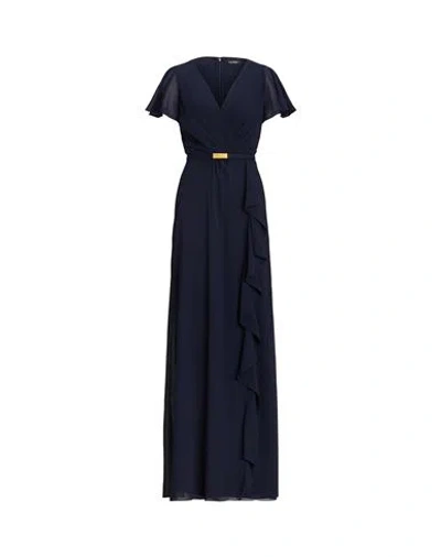 Ralph Lauren Lauren  Belted Georgette Flutter-sleeve Gown Woman Maxi Dress Navy Blue Size 6 Recycled  In Navy Blue