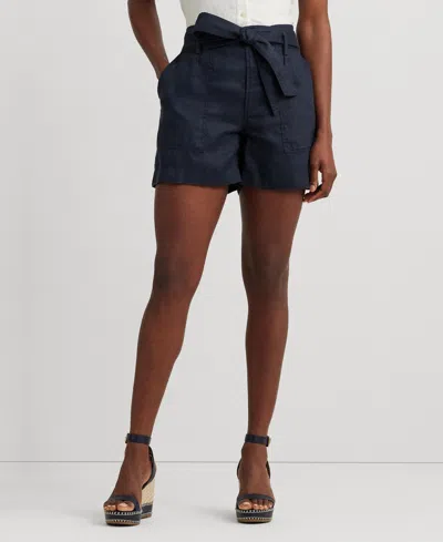 Ralph Lauren Belted Linen Shorts In Lauren Navy