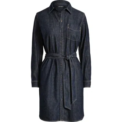 Ralph Lauren Lauren  Belted Long Sleeve Denim Shirtdress In Pure Rinse Wash