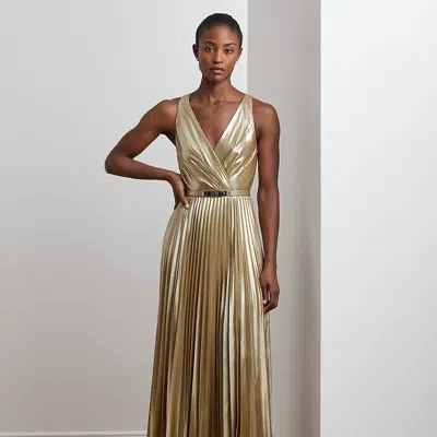 Ralph Lauren Belted Metallic Chiffon Surplice Gown In Tan/light Gold Foil
