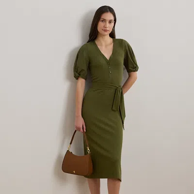 Ralph Lauren Belted Rib-knit Puff-sleeve Dress In Olive Grove