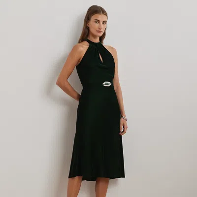 Ralph Lauren Belted Velvet Halter Dress In Green