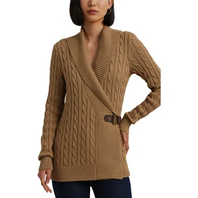 Ralph Lauren Lauren  Cable Stitch Cotton Wrap Cardigan In Classic Camel